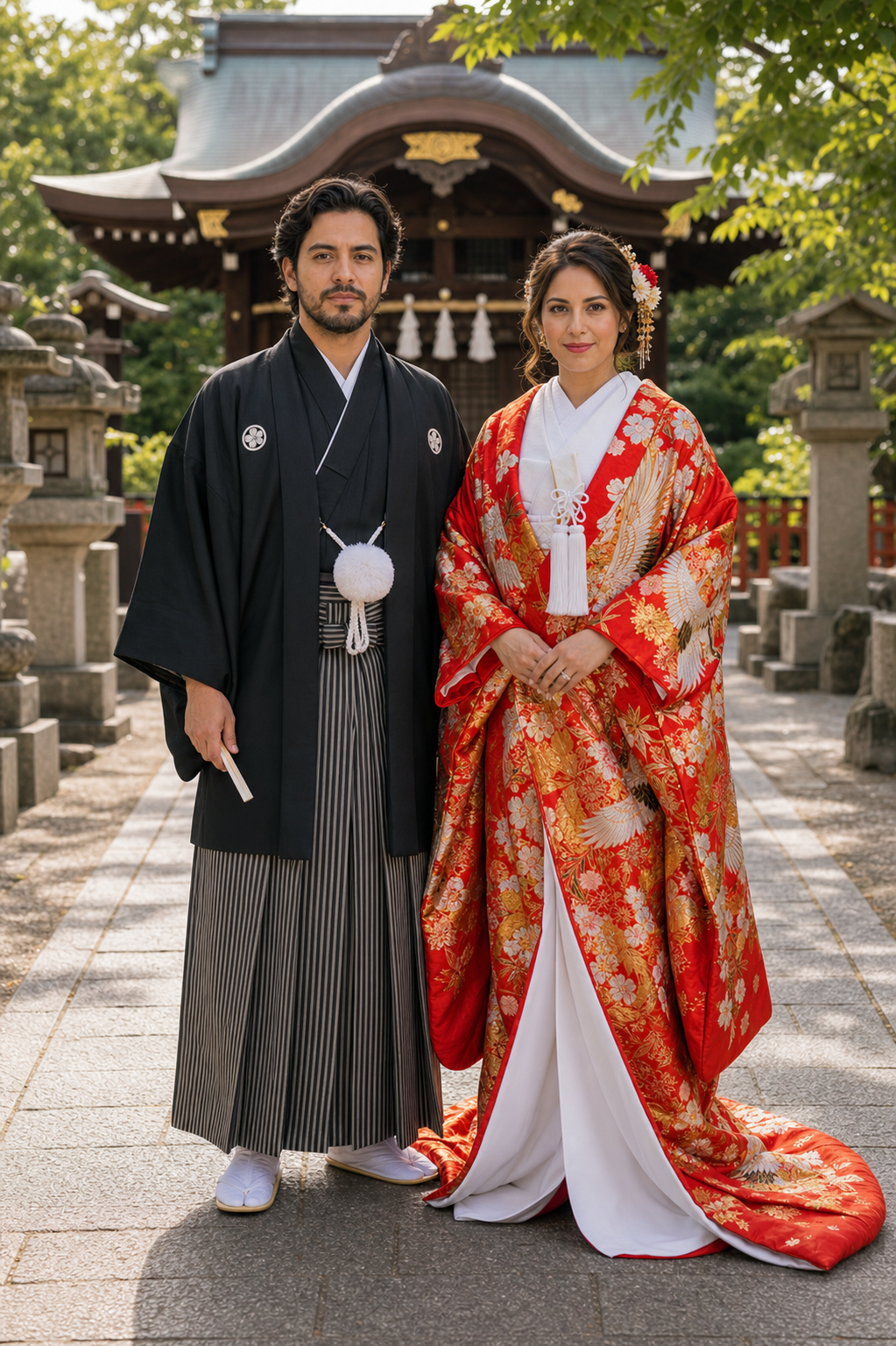 Pareja internacional mirando al frente con kimono formal y uchikake rojo