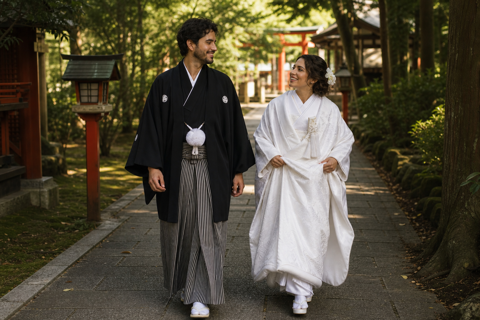 Pareja caminando por el camino de un santuario japonés con kimono
