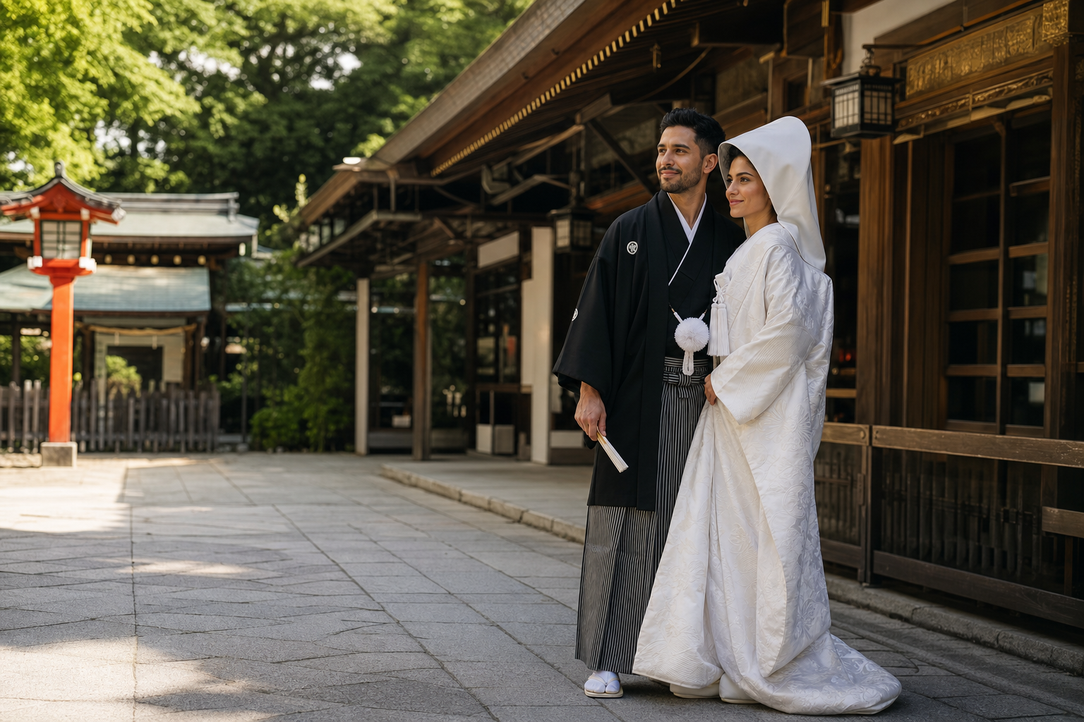 Pareja hispanohablante con kimono en un santuario japonés