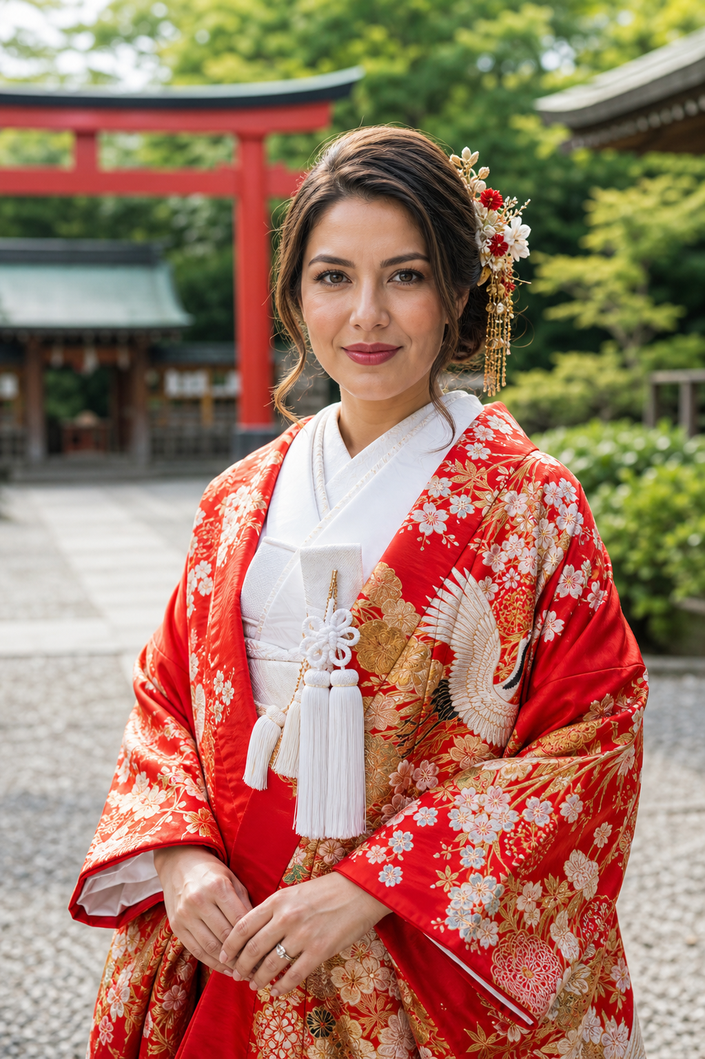 Novia con uchikake rojo en un santuario japonés