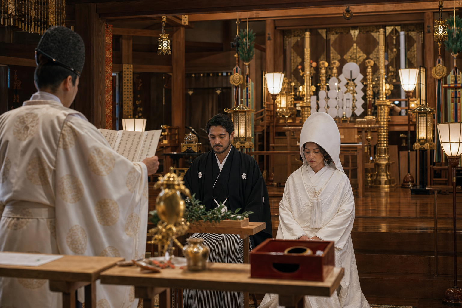 Interior de ceremonia sintoísta en santuario