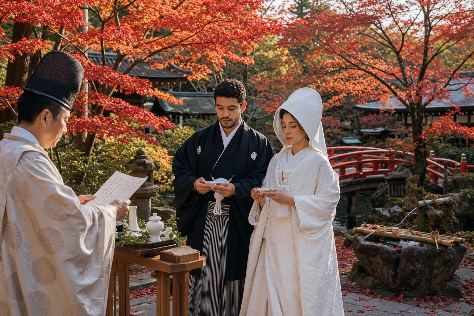 Pareja con kimono en jardín de santuario japonés